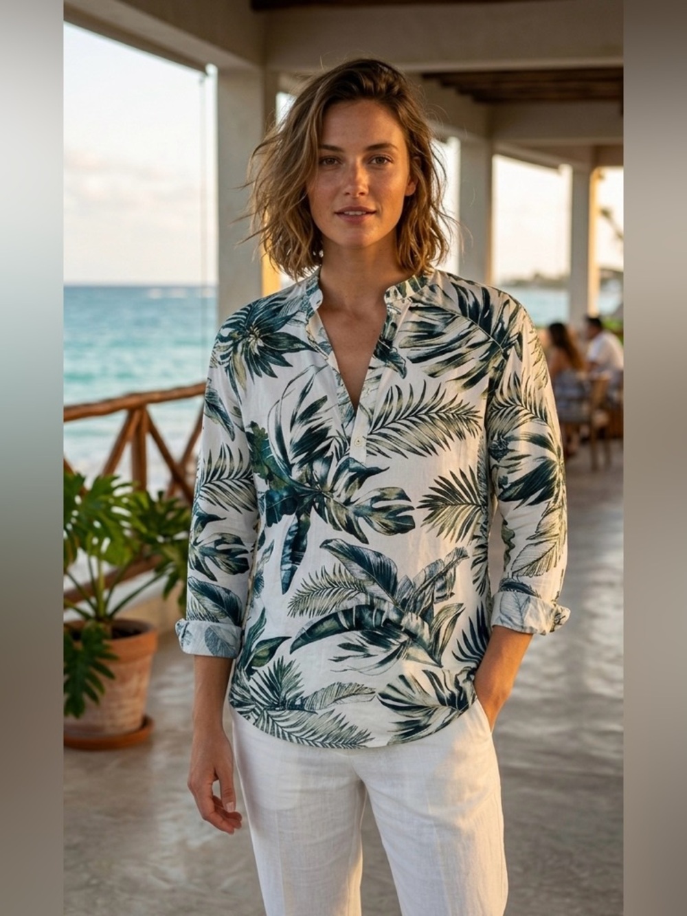 ZARA Tropical Leaf Print Long Sleeve Tunic Blouse | Size XL | botanical print